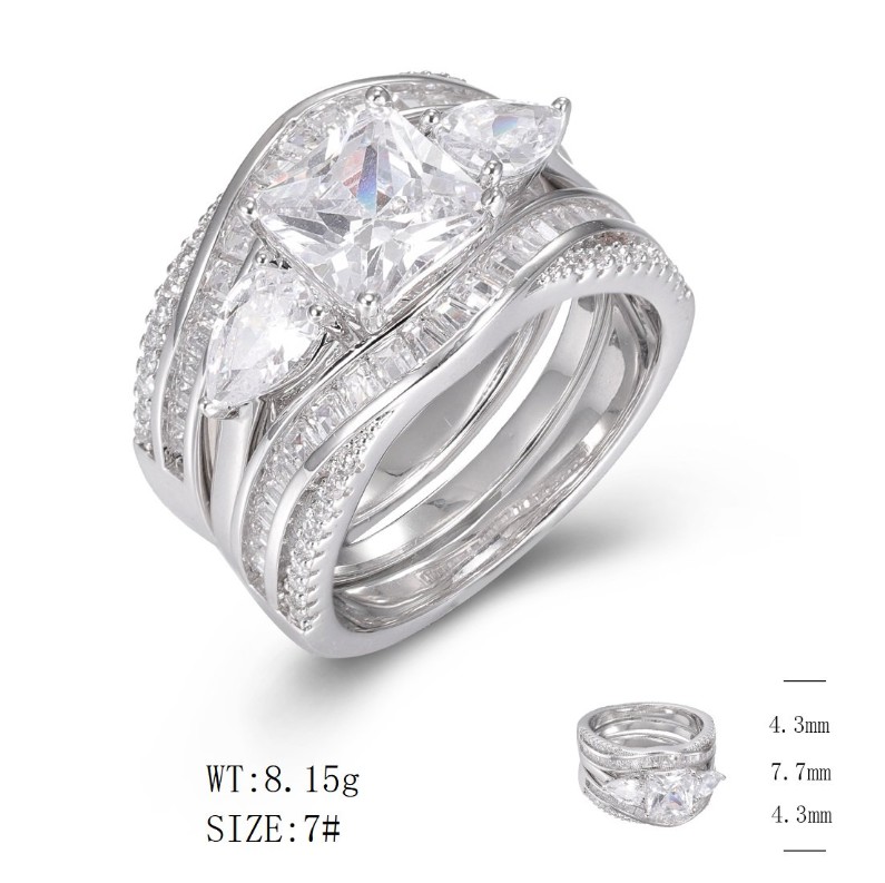 SJ49412-双戒, Ladies' Moissanite Ring, S925, Rhodium Plated, White, 5.26g