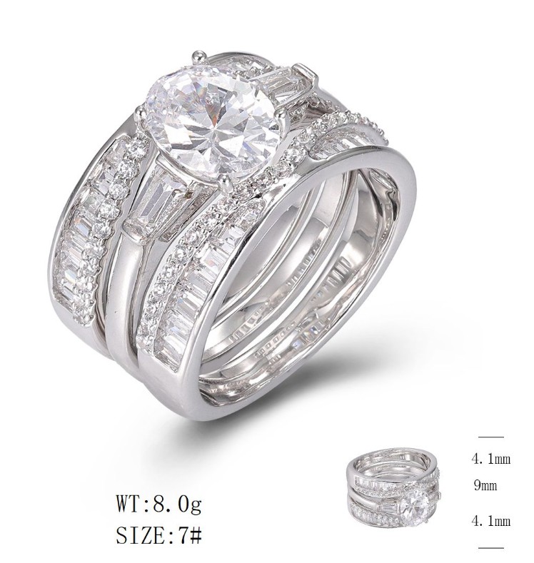 SJ49411-双戒, Ladies' Moissanite Ring, S925, Rhodium Plated, White, 5.5g
